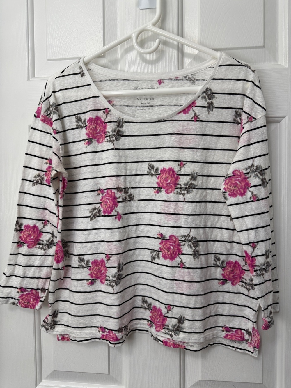American Eagle Outfitters White Striped Top with Pink Floral Print